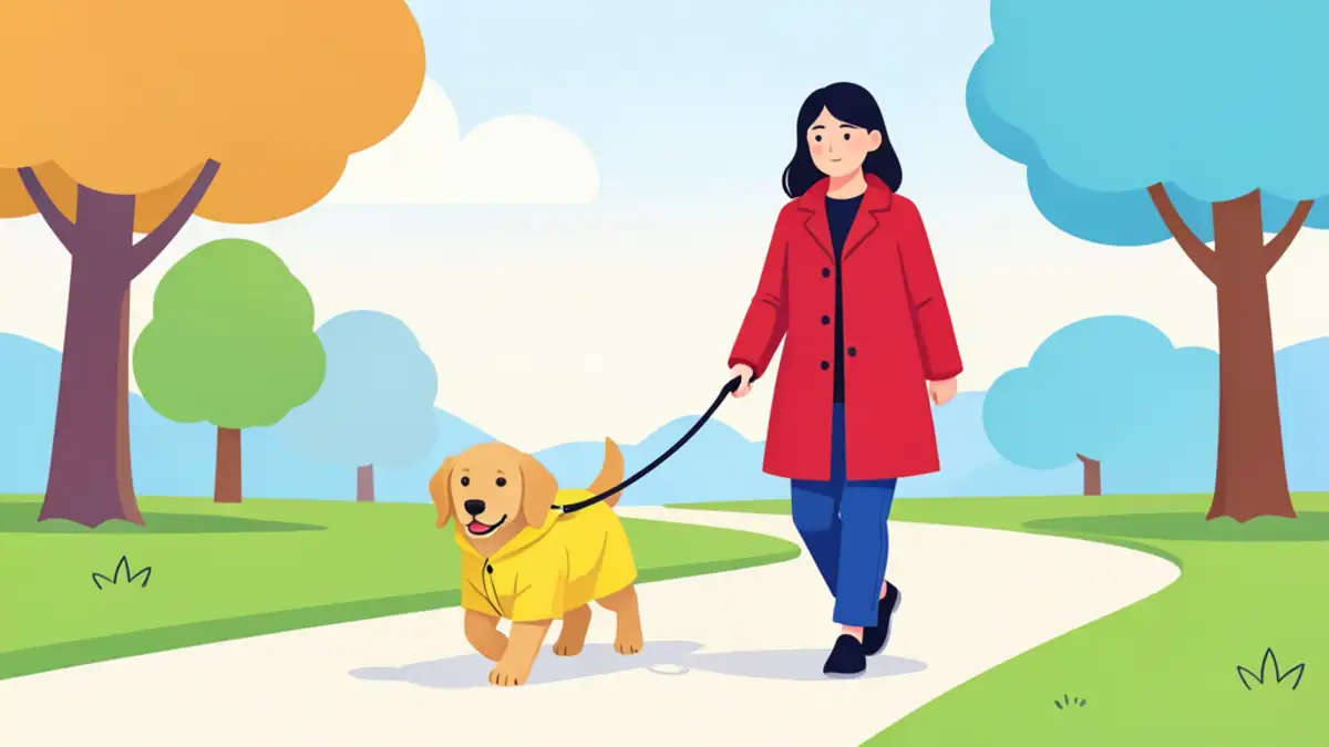 Štene zlatnog retrivera u žutoj kabanici šeta kao maneken
